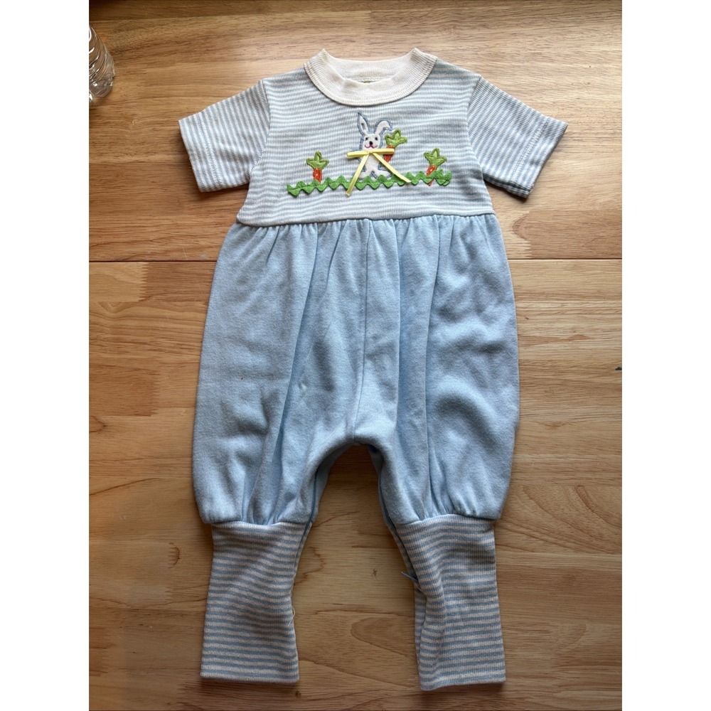 VTG Tadpoles From Frog Pond Romper Bunny Carrot Easter 3month Blue Stripes